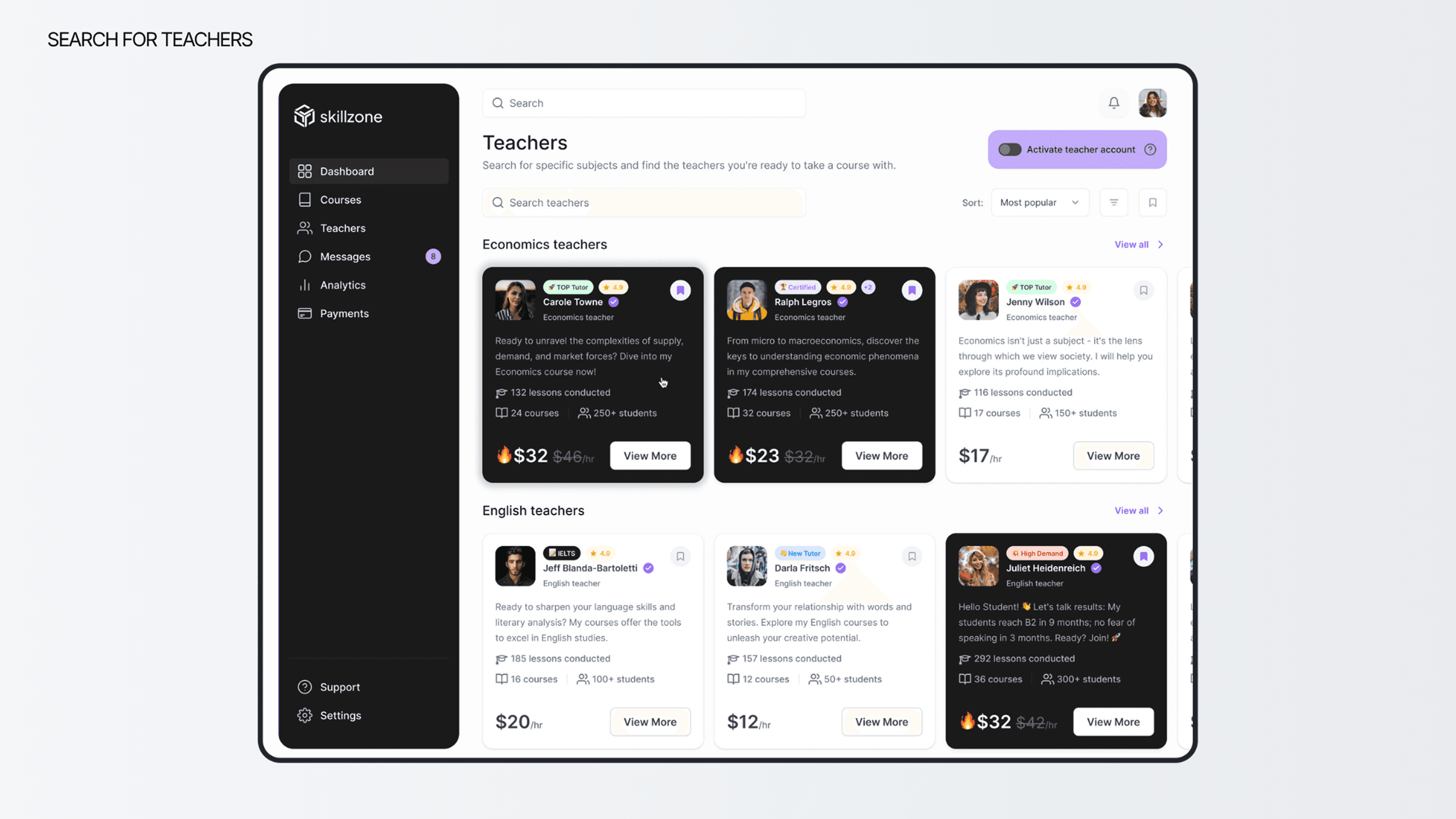 Skillzone teacher search marketplace screen