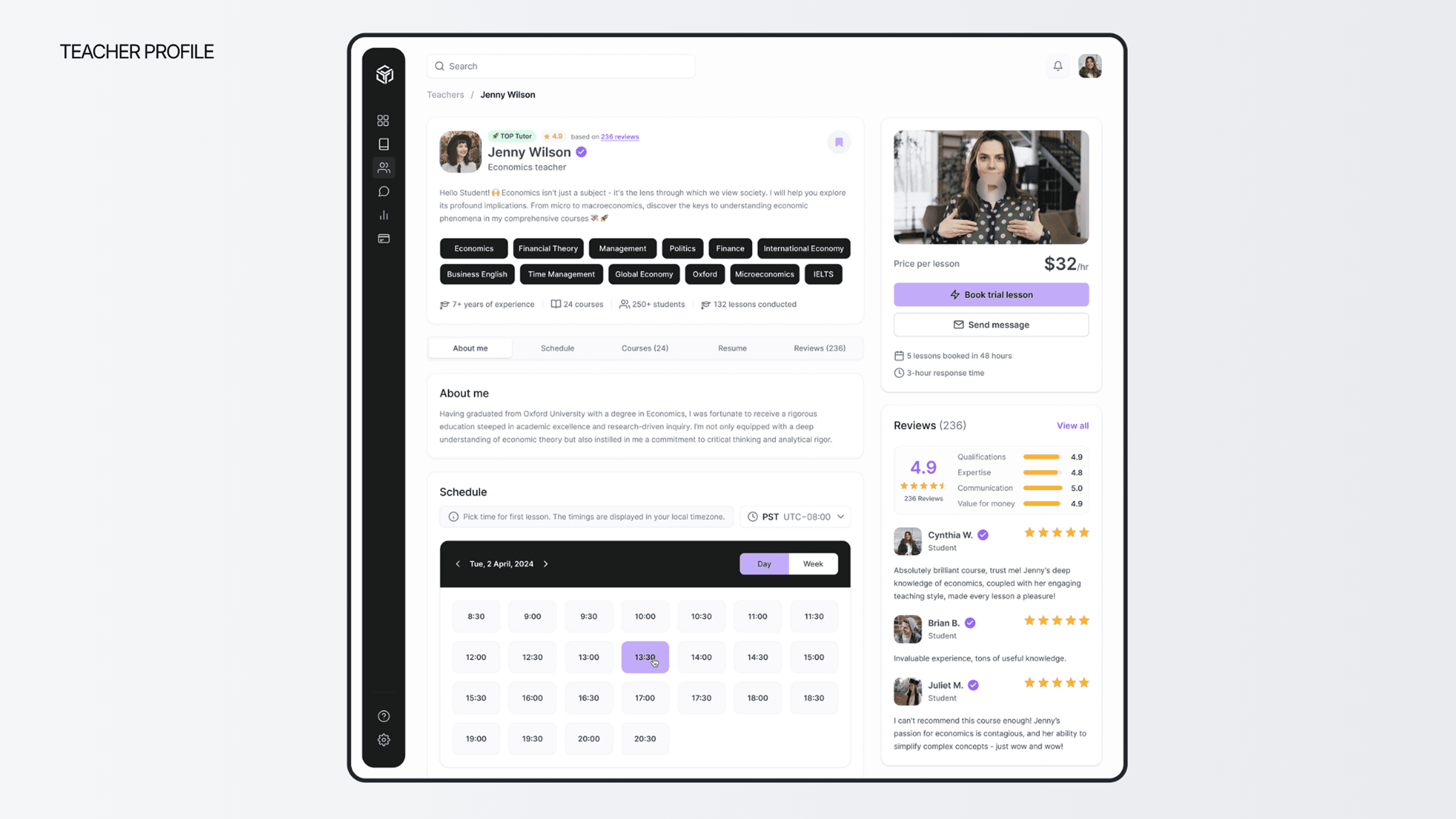 Skillzone teacher profile and booking screen