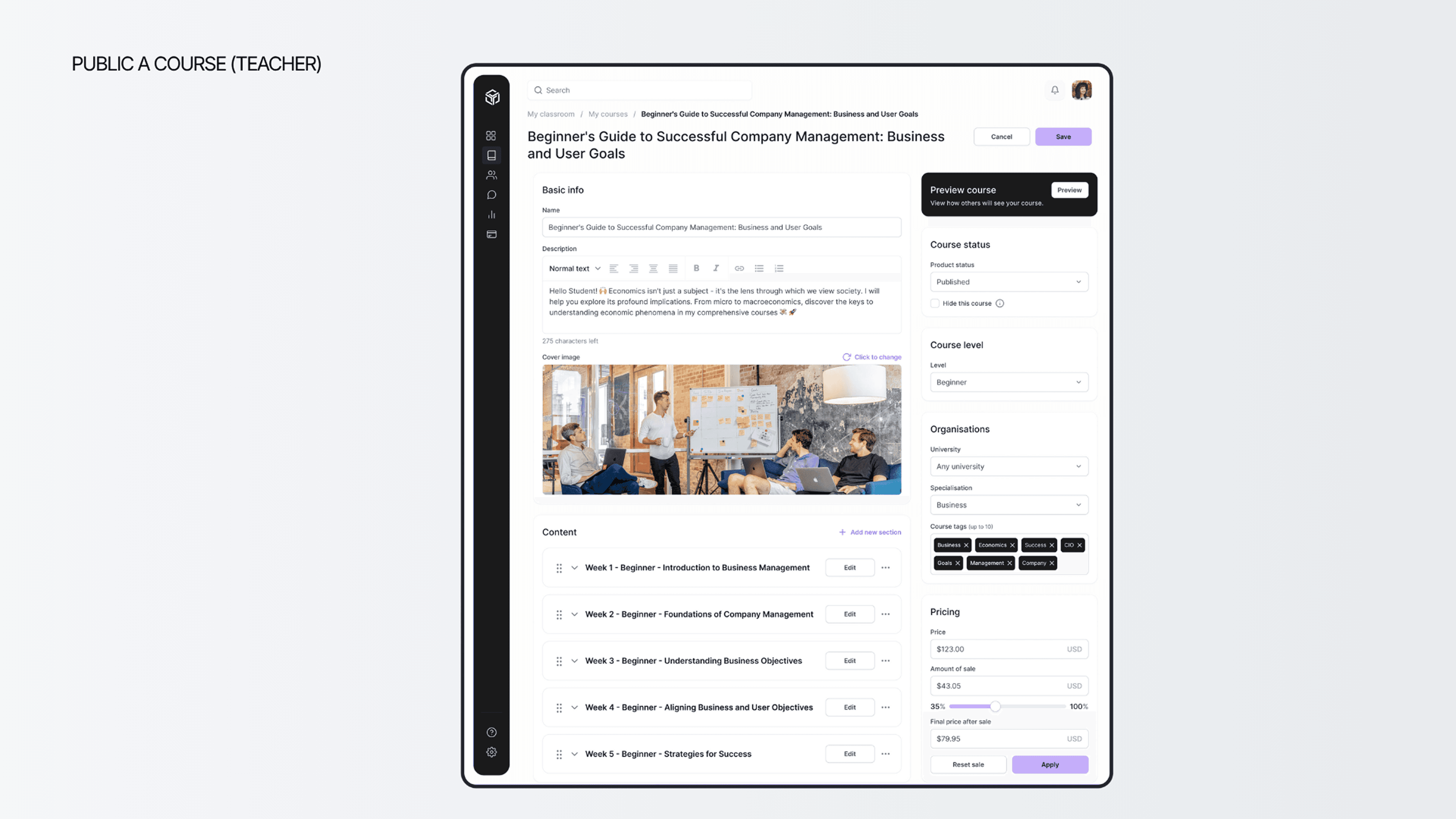 Skillzone teacher course publishing screen