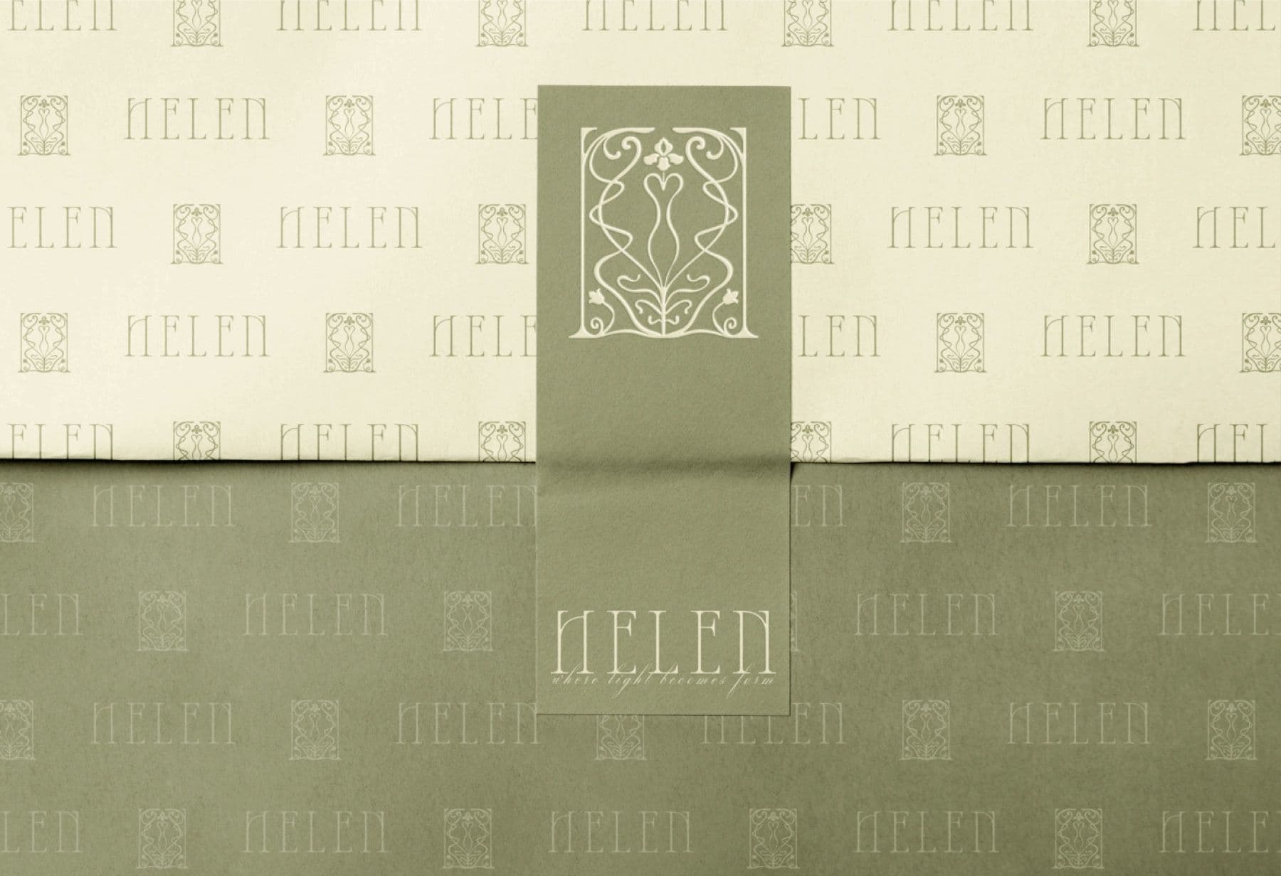 Helen wordmark and emblem pattern on olive packaging