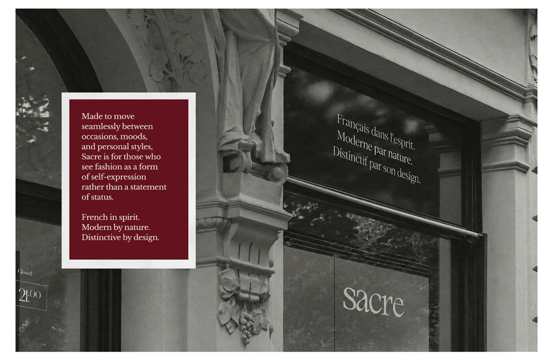 Sacre boutique storefront with the brand statement