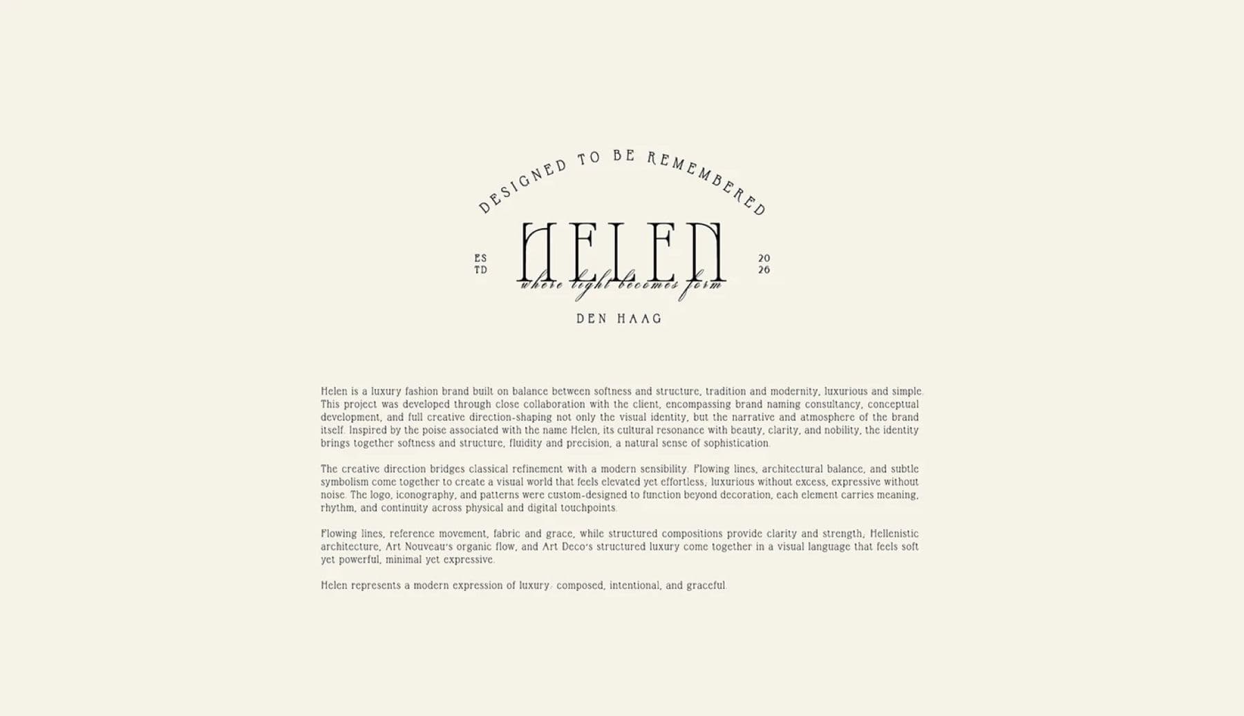 Helen brand description with the arched Den Haag logo lockup