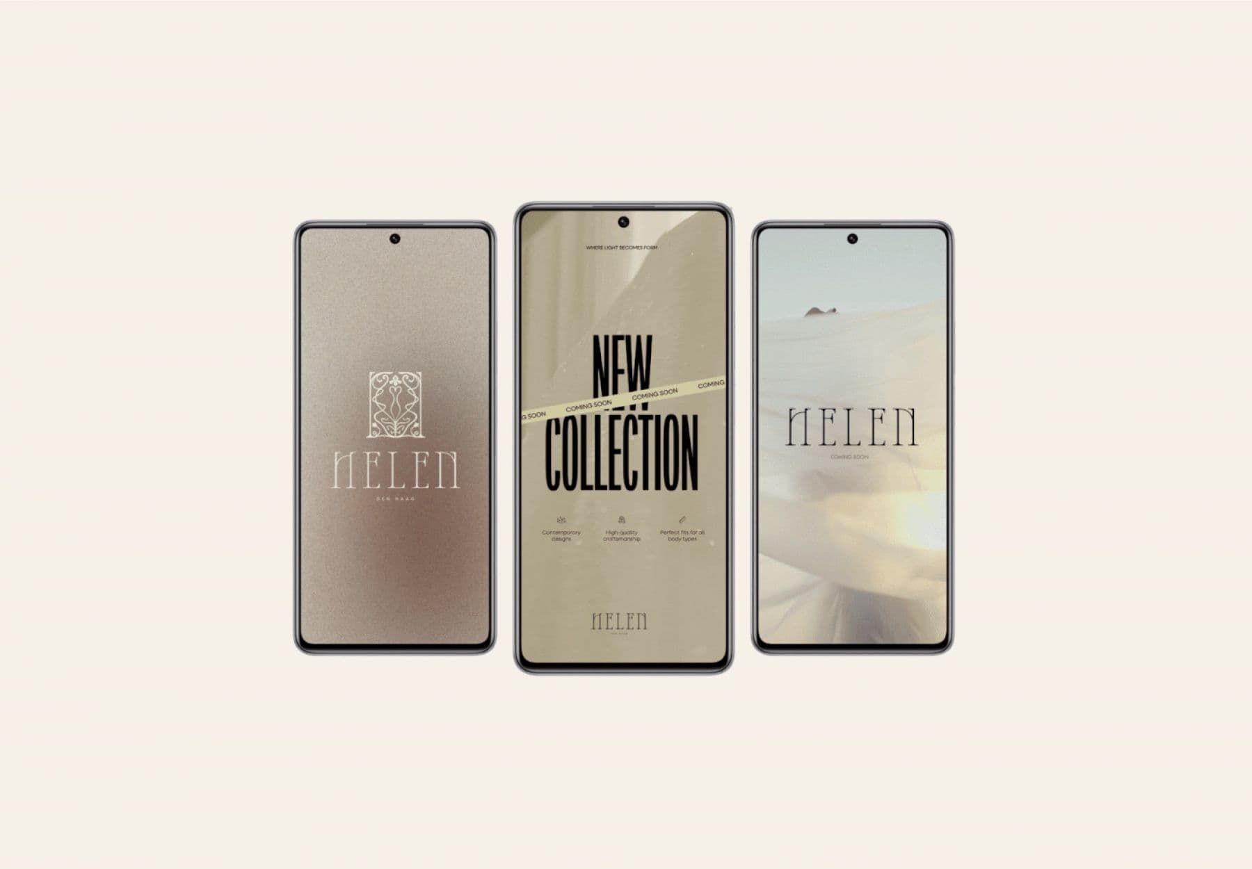 Helen mobile screens announcing a new collection