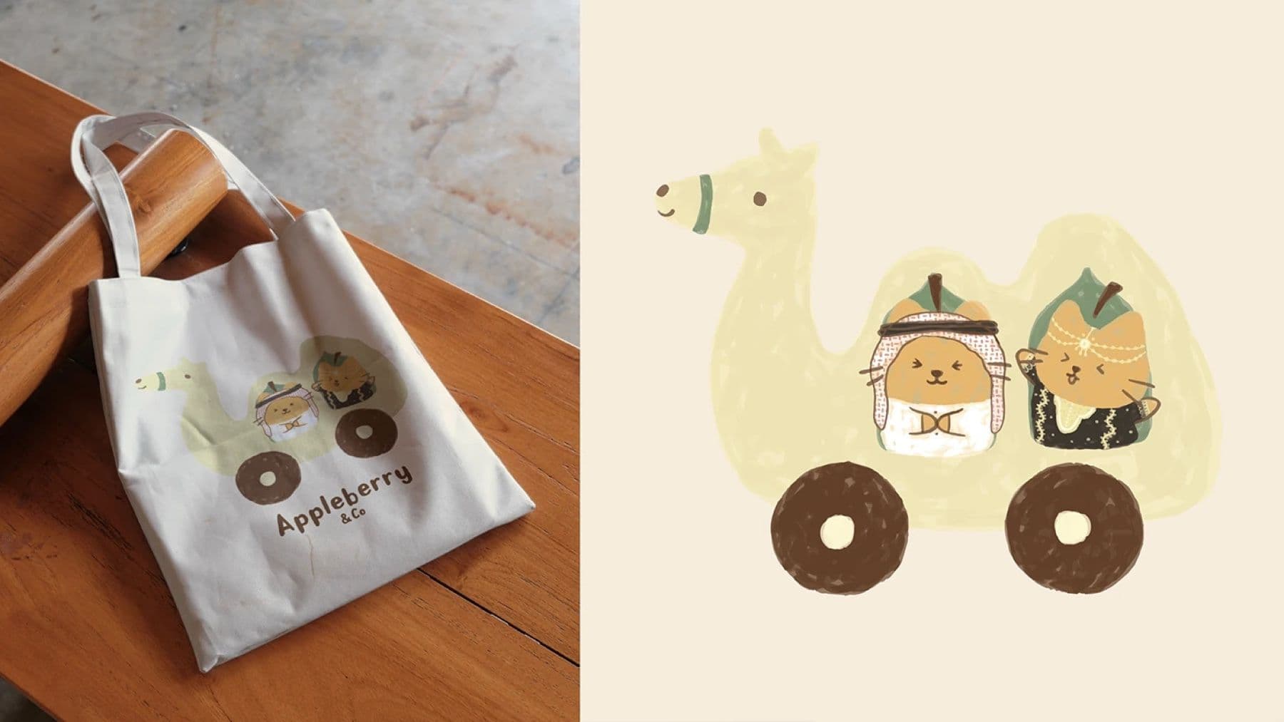 Appleberry & Co tote bag with a camel and donut-wheel illustration