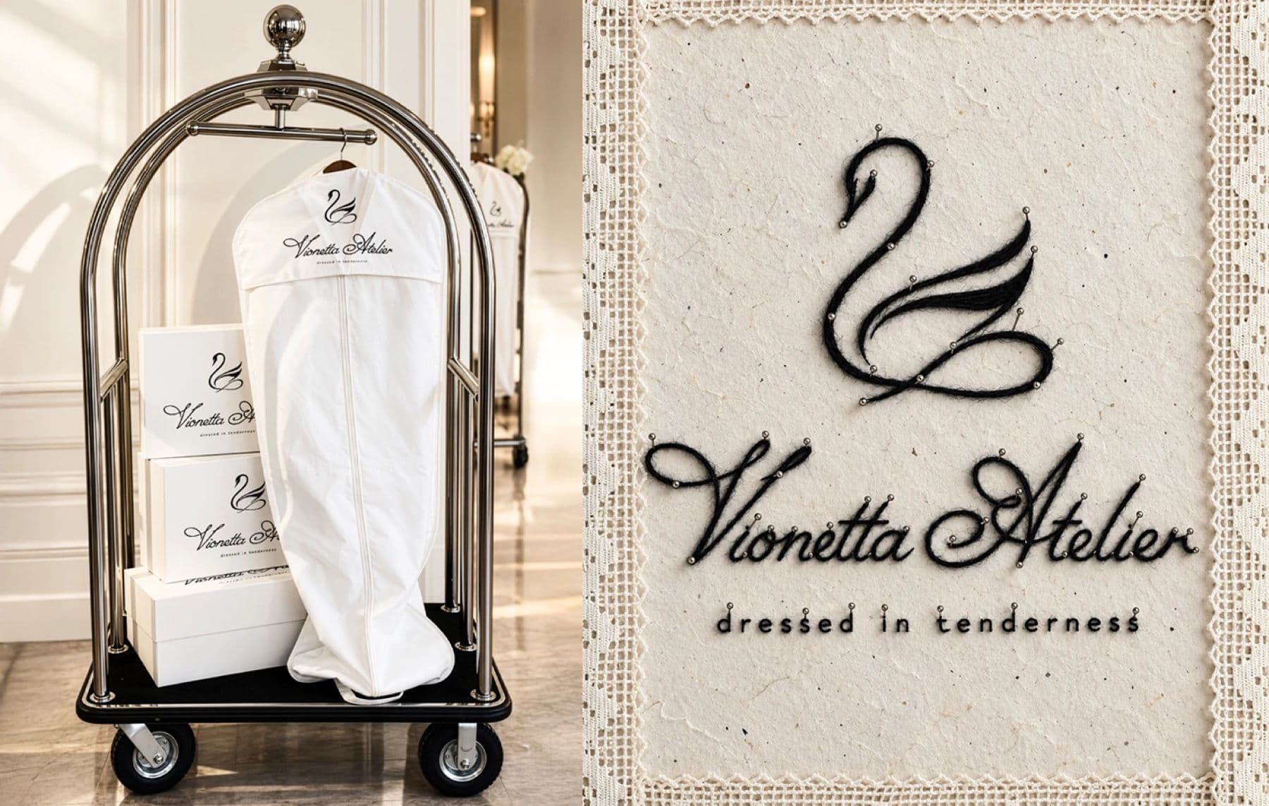 Vionetta Atelier garment bag and boxes on a luggage cart beside the lace-textured logo