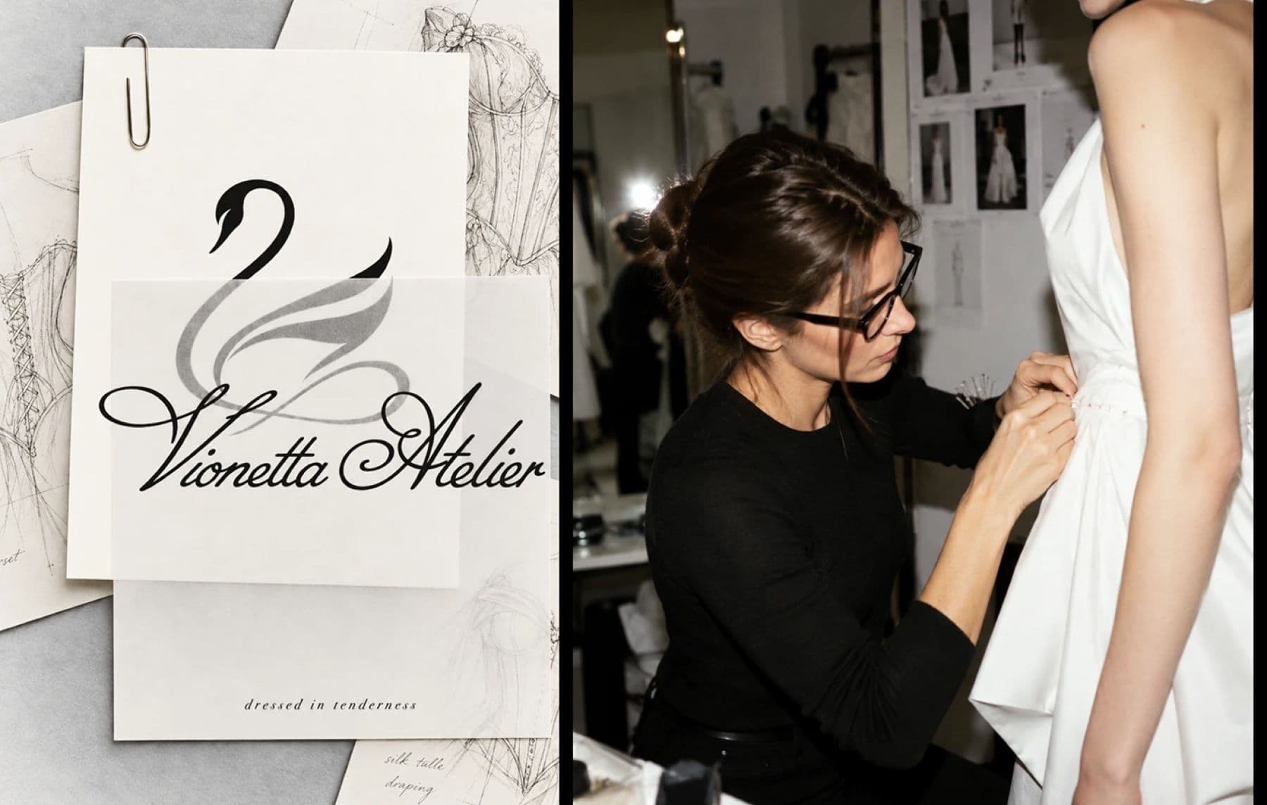 Vionetta Atelier swan logo over atelier sketches and a dress fitting