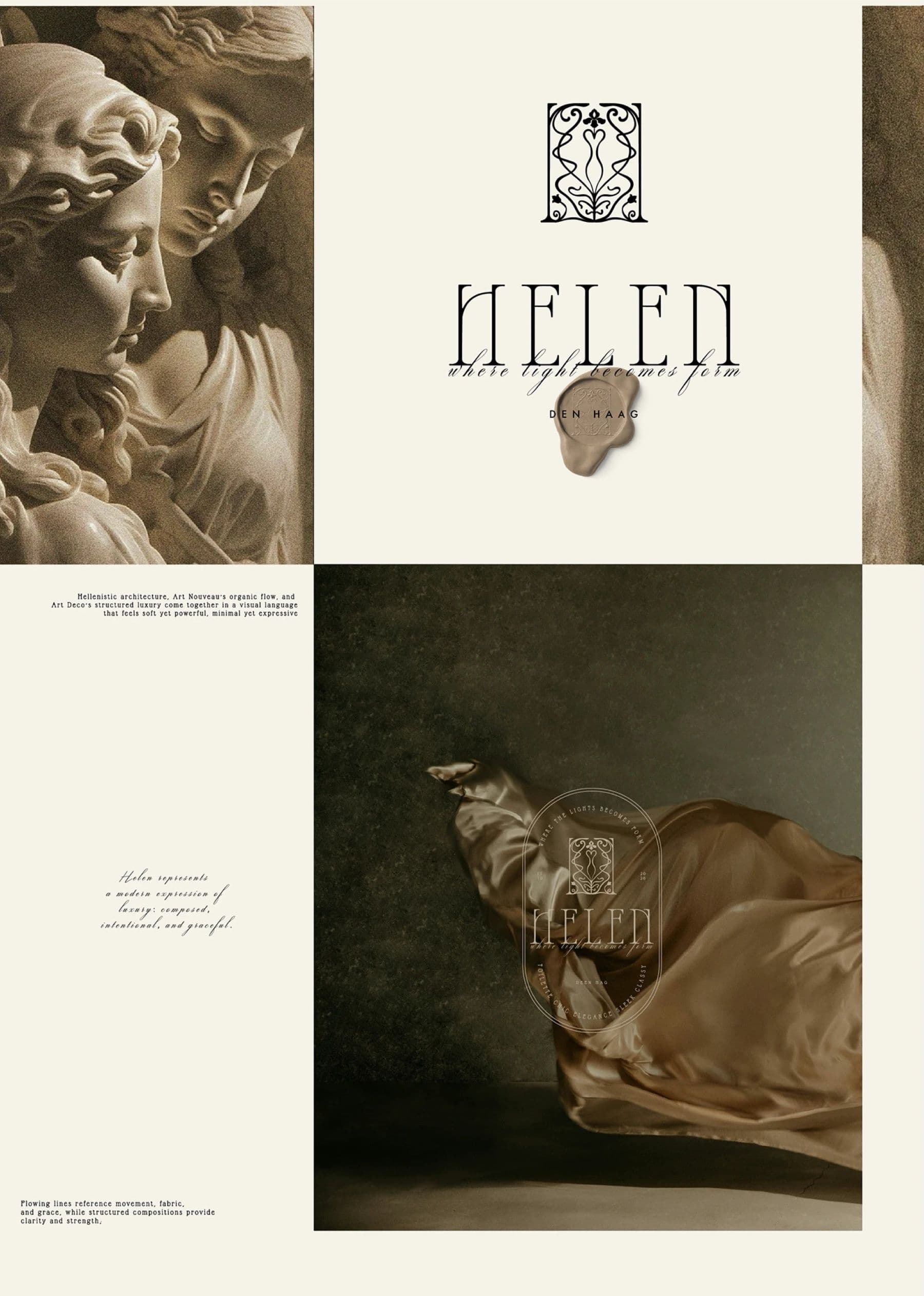 Helen brand imagery with a marble sculpture, the emblem and flowing silk
