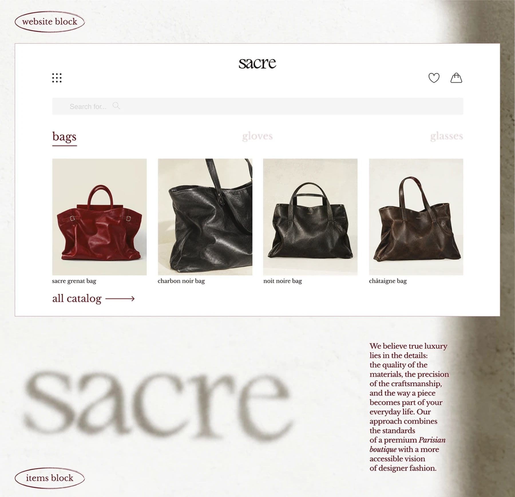 Sacre website concept with a bag catalog