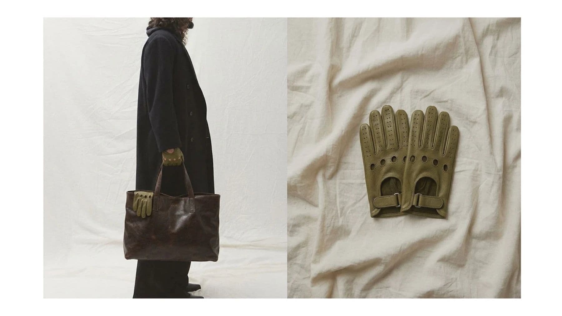 Sacre tote bag and leather gloves product imagery