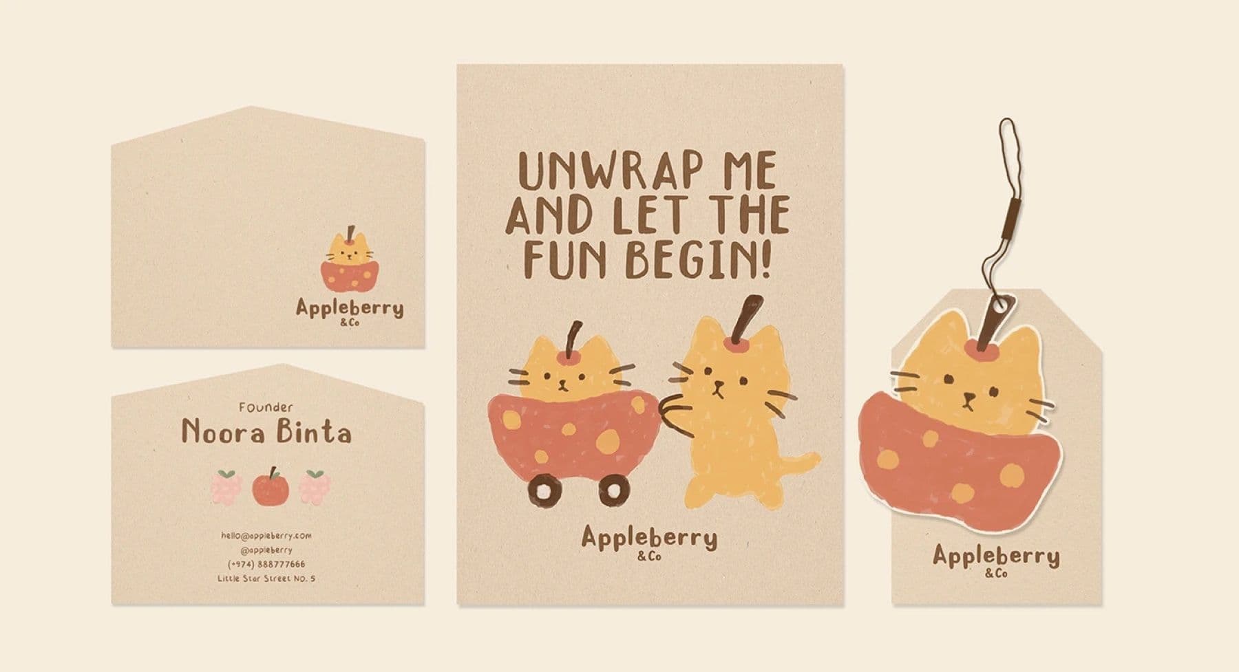 Appleberry & Co business card, envelope, gift tag and wrapping paper with the mascot