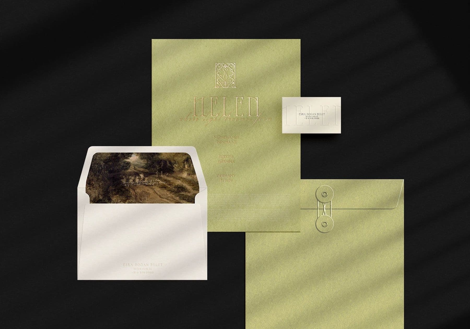 Helen olive stationery with a painted envelope lining and business cards