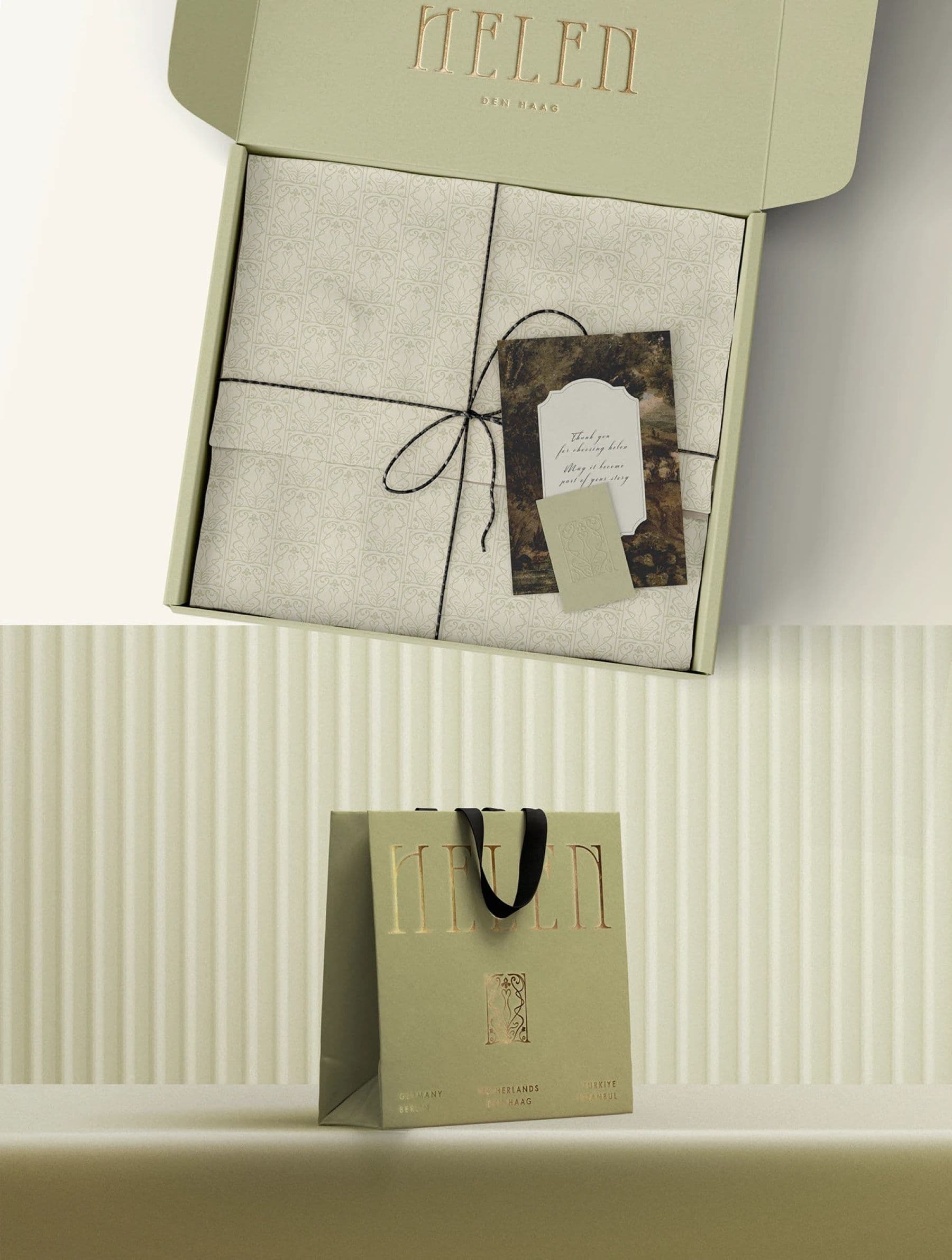 Helen gift box with tissue and an olive shopping bag