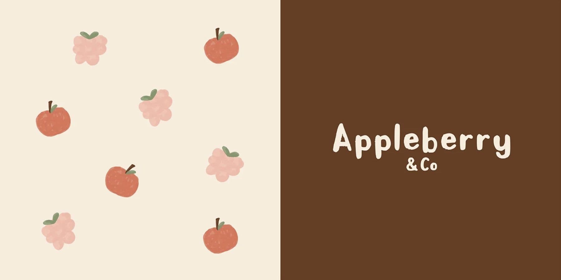 Appleberry & Co apple and berry pattern beside the cocoa-brown logo panel