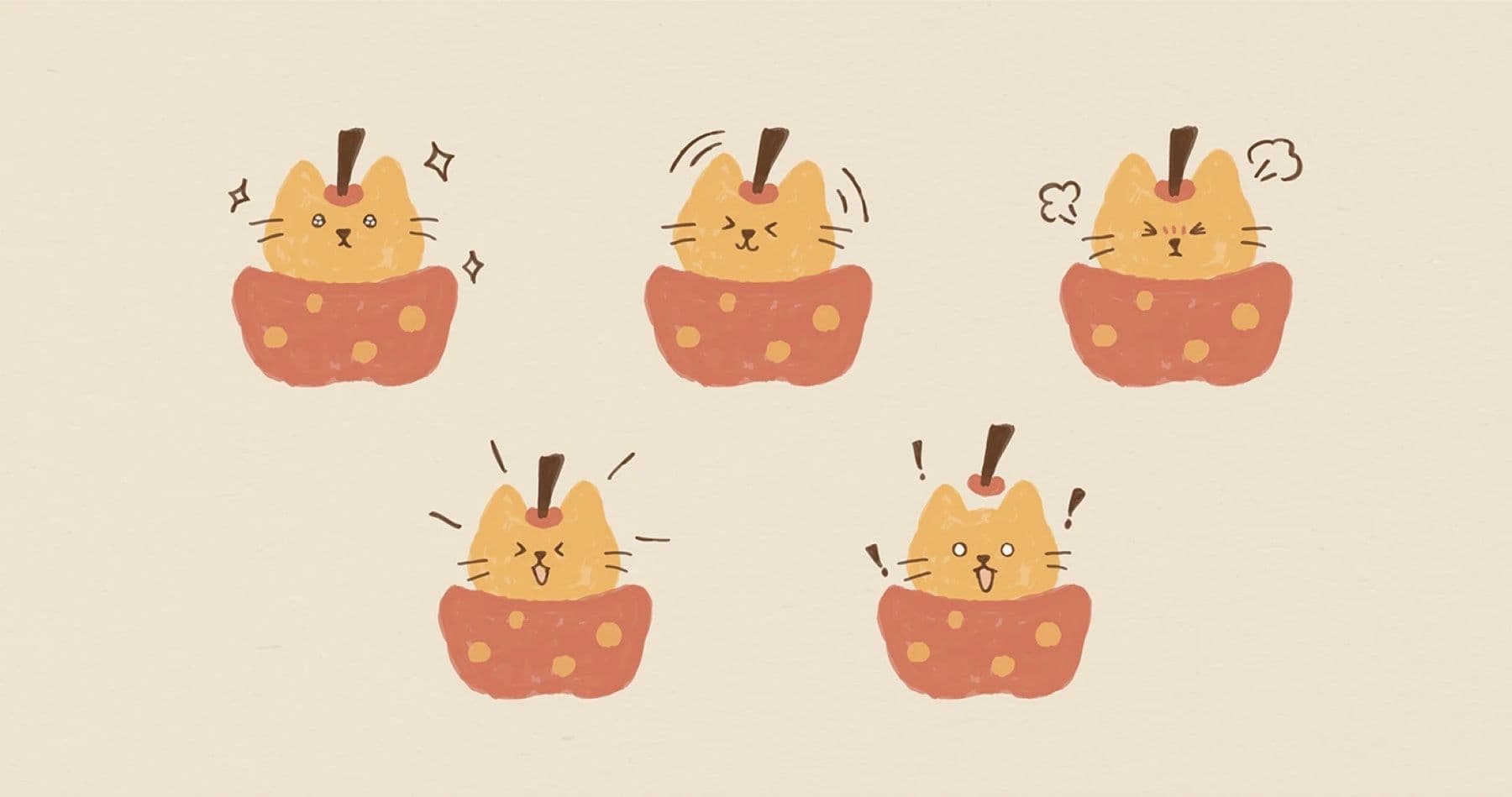Appleberry & Co cat-in-an-apple mascot in five expressions