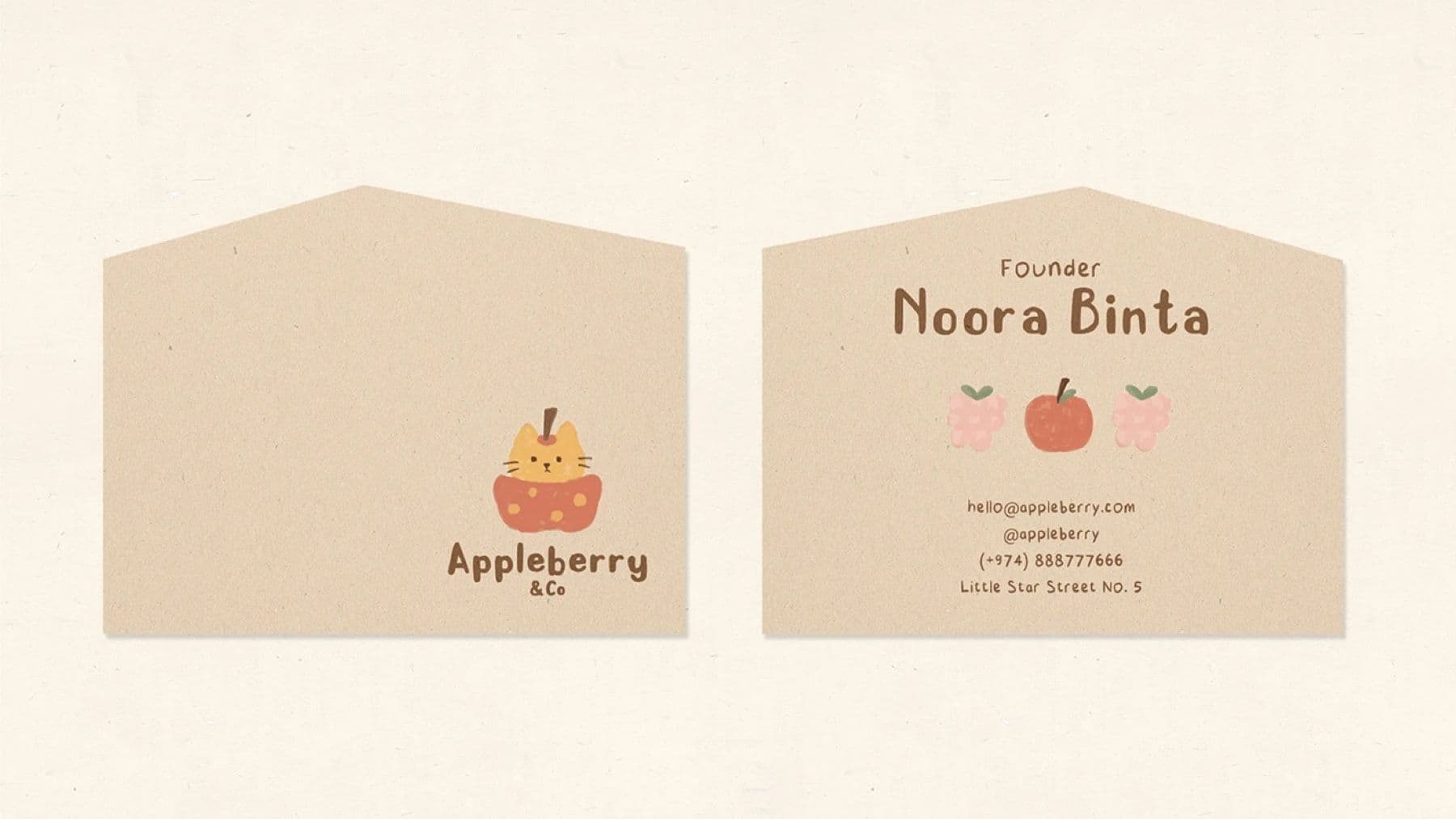Appleberry & Co founder business card and envelope in kraft tones