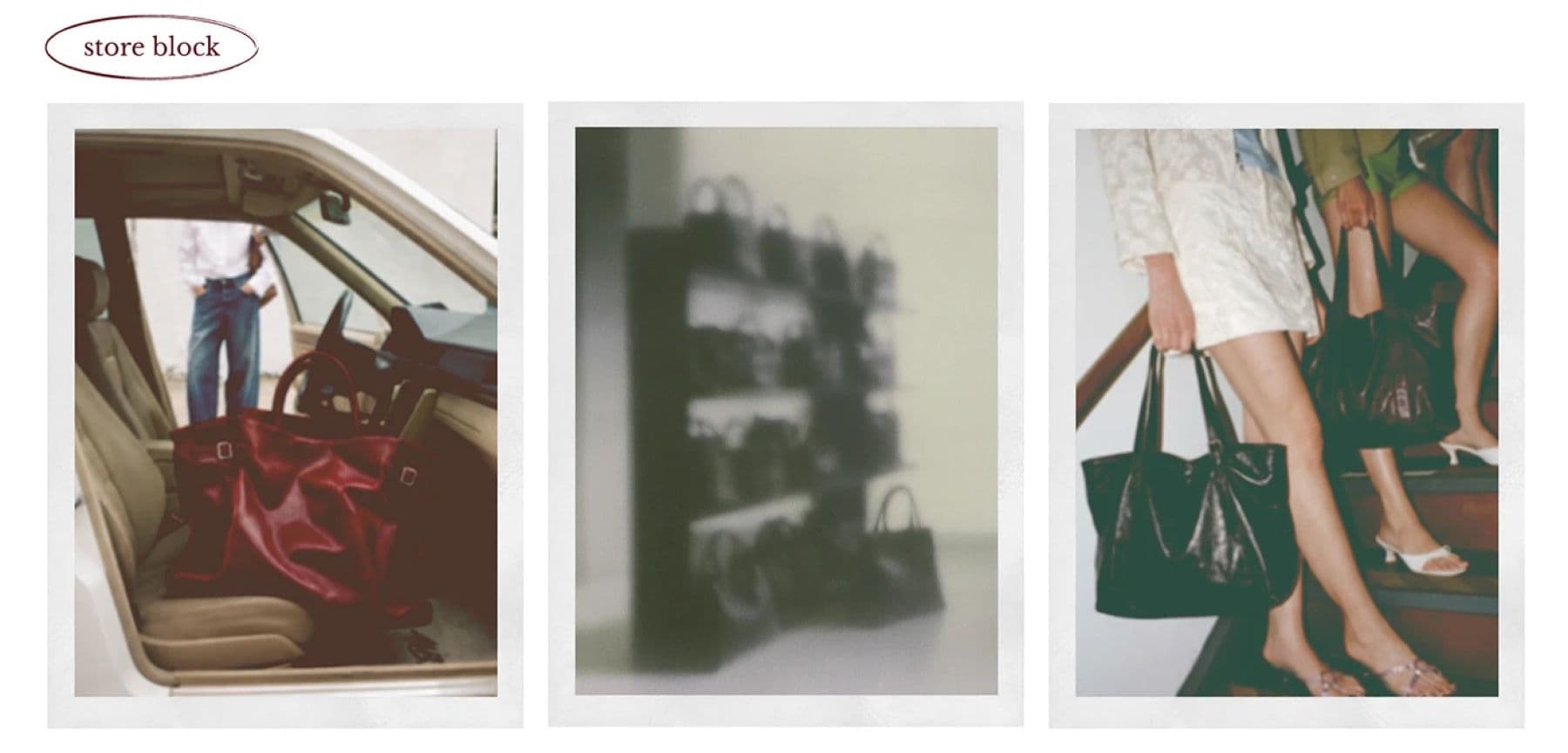 Sacre store imagery with bags in a car and on a shelf
