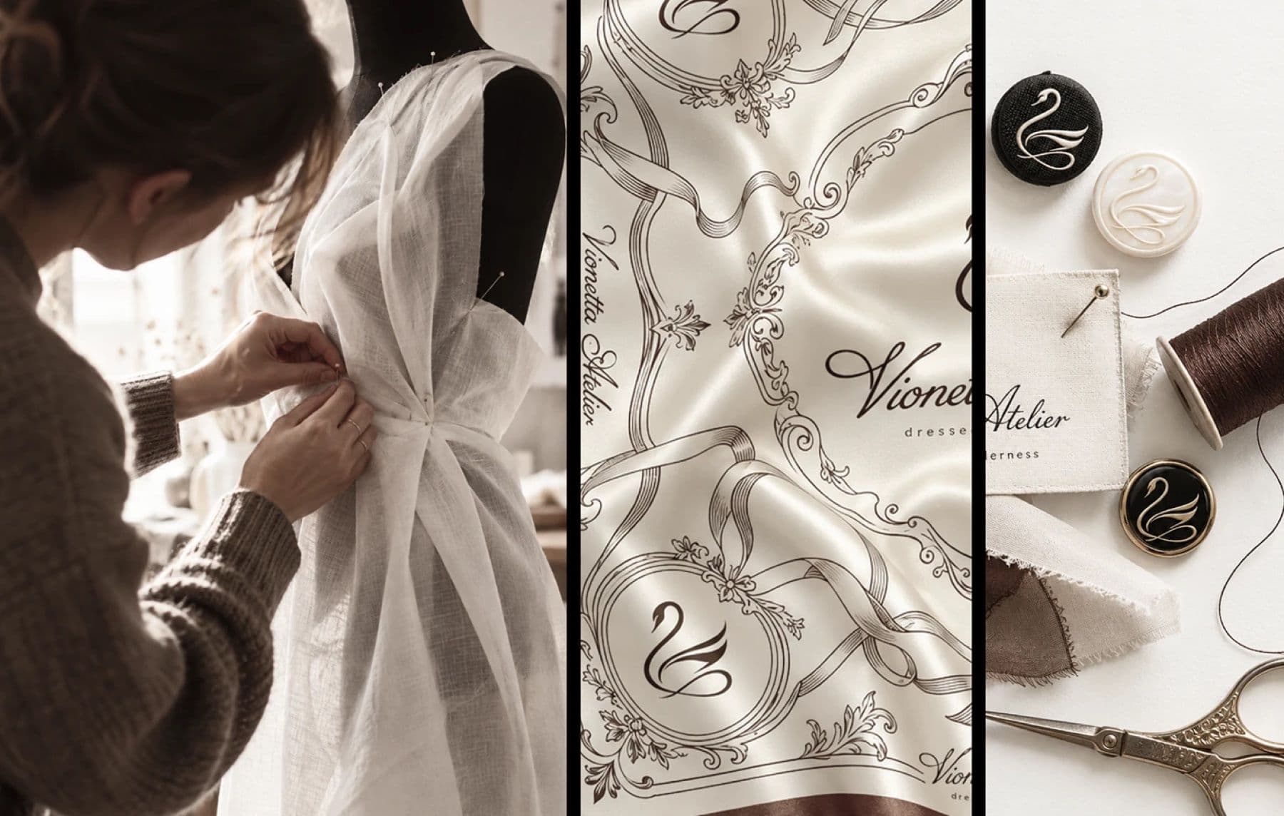 Vionetta Atelier tailoring details with a silk scarf print, buttons and thread