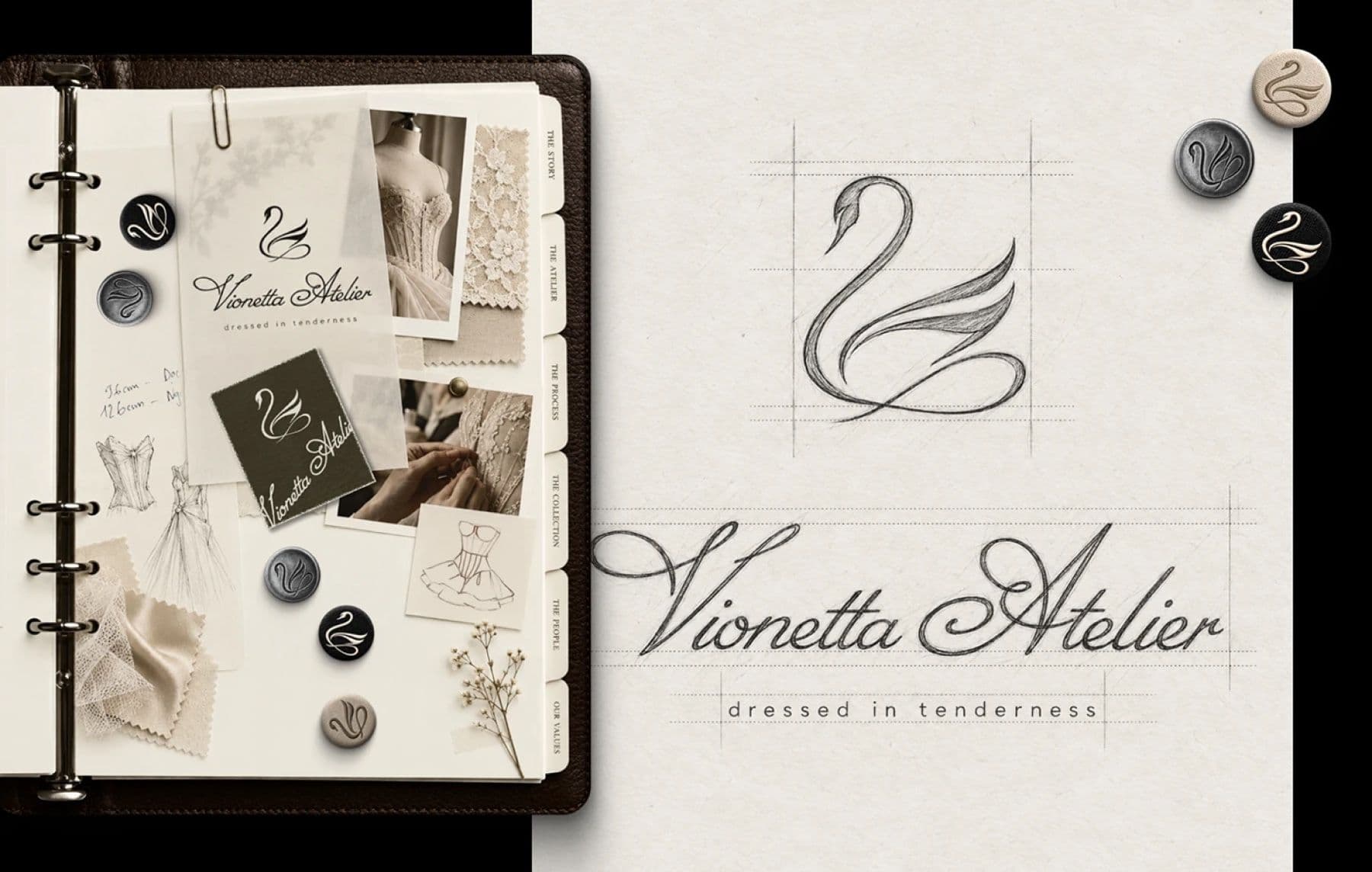 Vionetta Atelier logo sketch, moodboard and swan buttons on an atelier binder