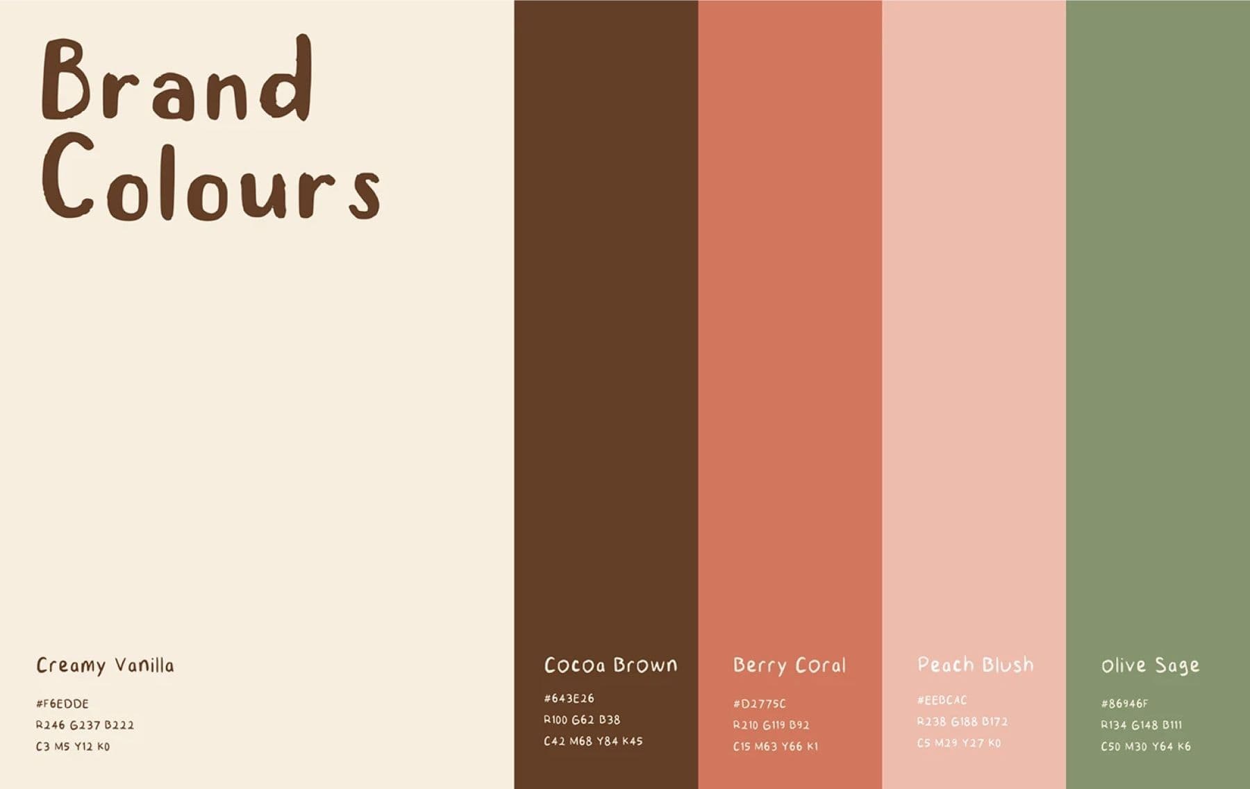 Appleberry & Co brand colors: creamy vanilla, cocoa brown, berry coral, peach blush and olive sage