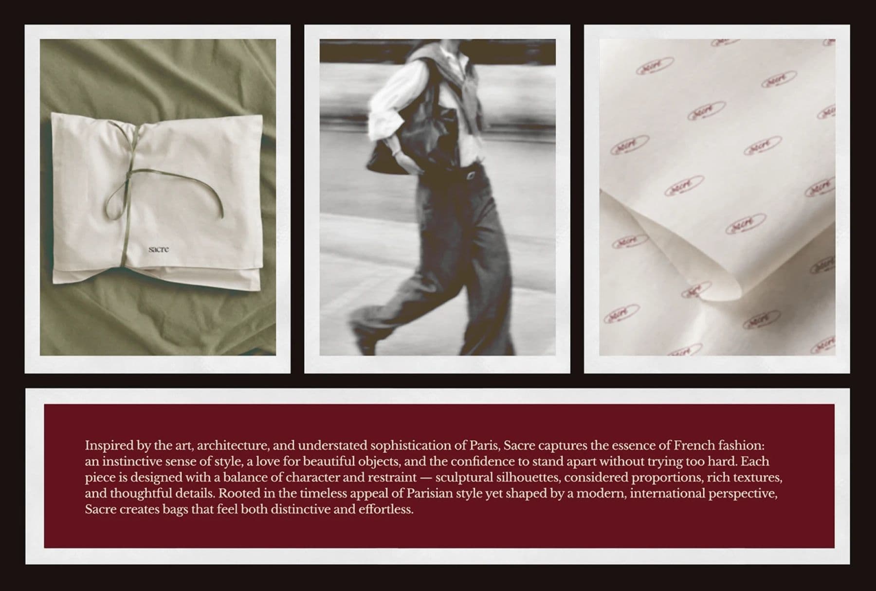 Sacre packaging and monogram tissue paper beside the brand description