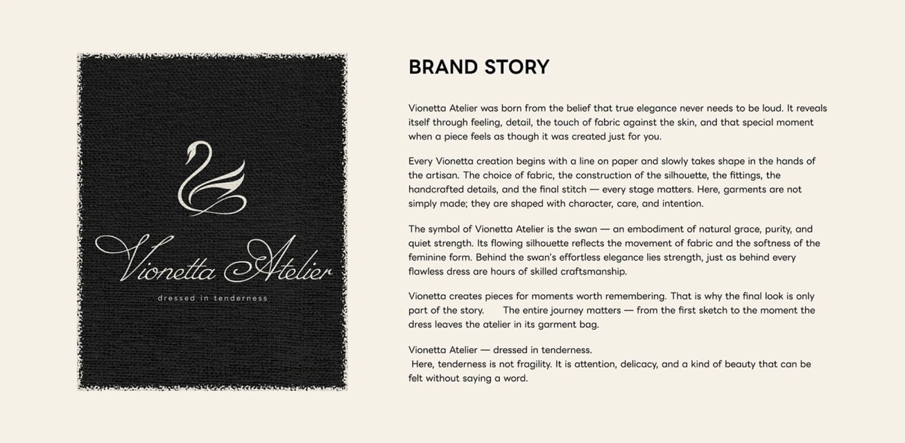 Vionetta Atelier brand story beside the black textile logo panel