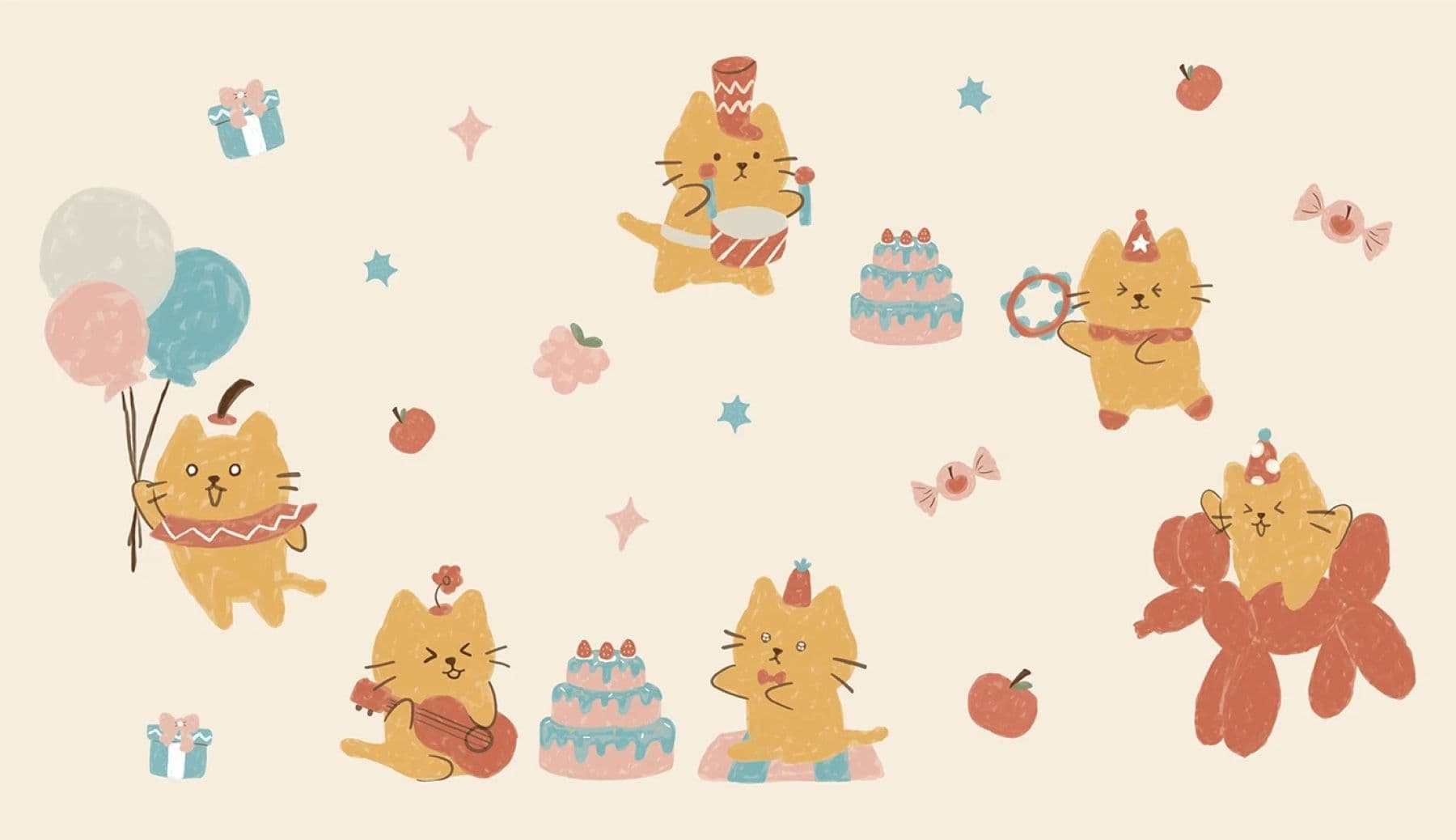 Appleberry & Co party-themed mascot illustrations with balloons and cakes