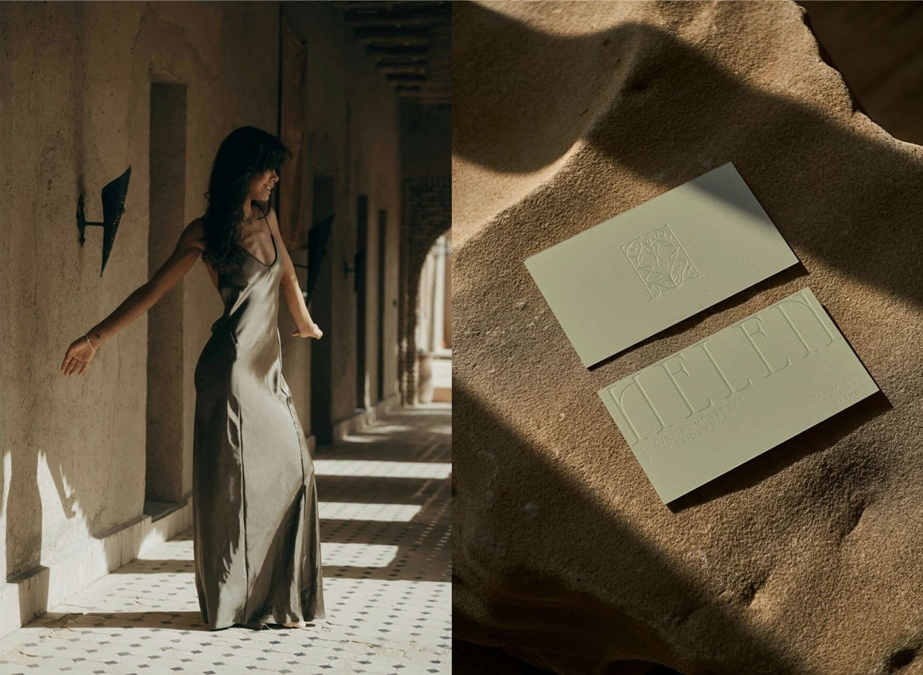Helen business cards on olive paper beside a model in a satin dress