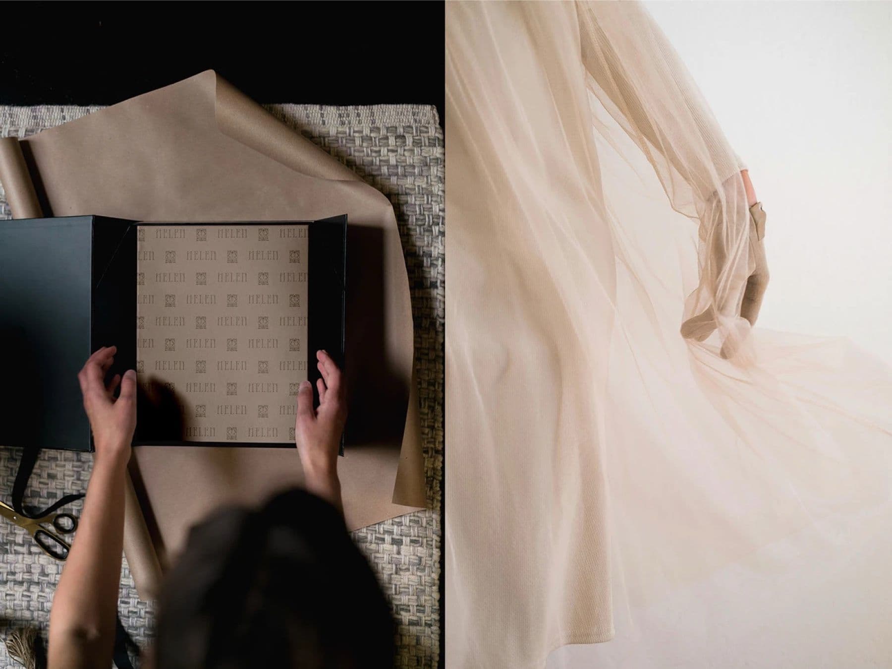 Helen packaging being opened beside a model in a flowing gown