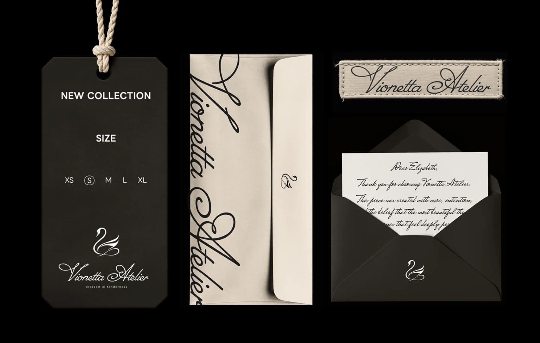 Vionetta Atelier hang tag, envelope, woven label and thank-you note